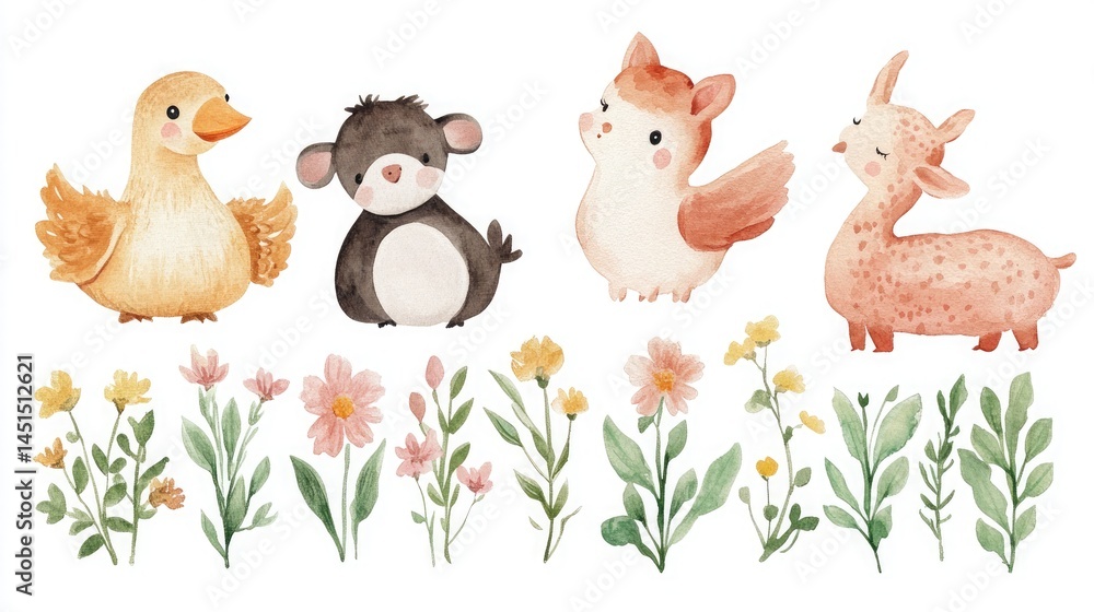 Naklejka premium Watercolor animals duck bear bird fawn and flowers on a white background illustration image art