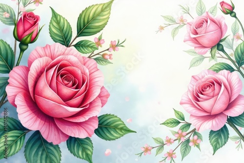 Intricate watercolor roses, lush leaves, vibrant blooms, green, petals, spring