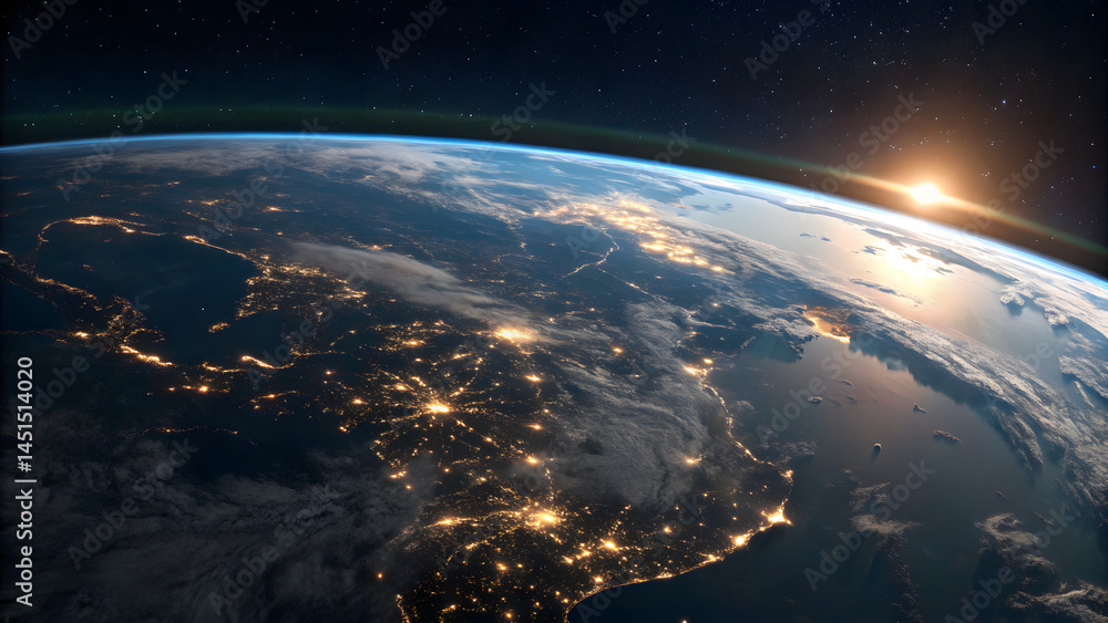 Obraz premium Panoramic view on planet Earth globe from space. Sunrise over earth from space showing Europe and Africa