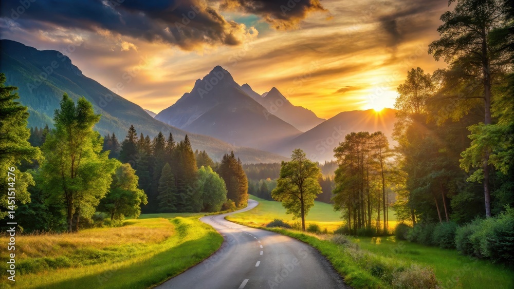 Fototapeta premium A scenic road with a winding path surrounded by lush greenery and towering trees