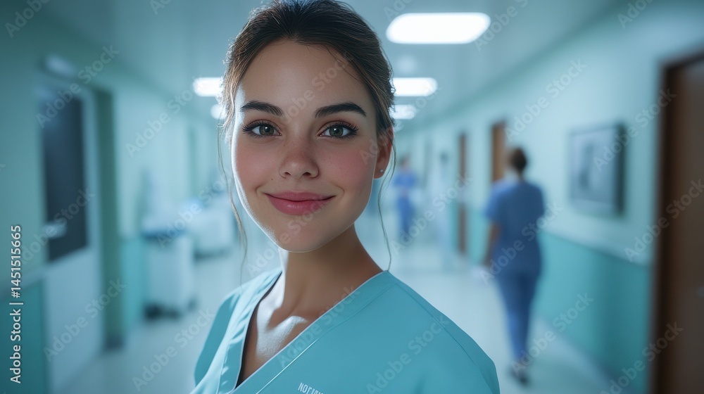 Fototapeta premium Smiling female travel nurse stands in hospital corridor. Diverse medical staff is in background. Positive atmosphere. Pro healthcare. International hospital setting. Happy person. Modern lifestyle.