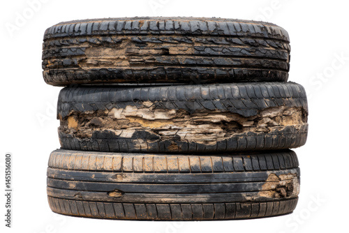 Stacked, worn-out tires isolated on transparent png background