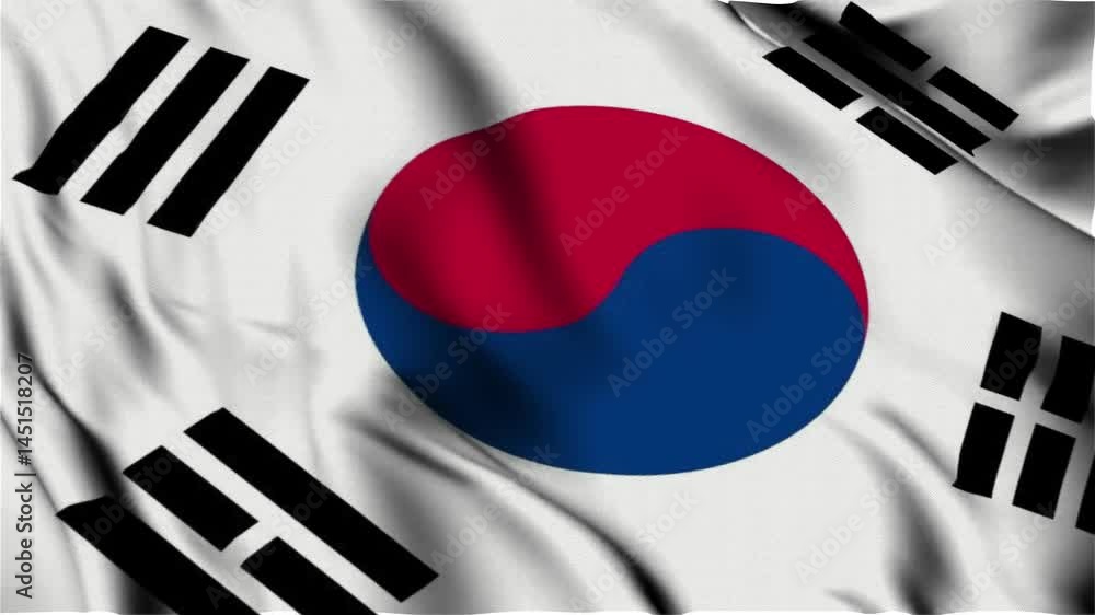 The National flag of South Korea, South Korea 3d flag, Flag of South Korea 3d waving Animation, South Korea waving 4K footage, close up flag for Independence day, 4K Resolution with Slow Motion.