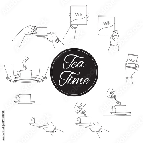 Tea Time Elements Set. Hand drawn icons, hot drinks symbols, Line art vector illustration