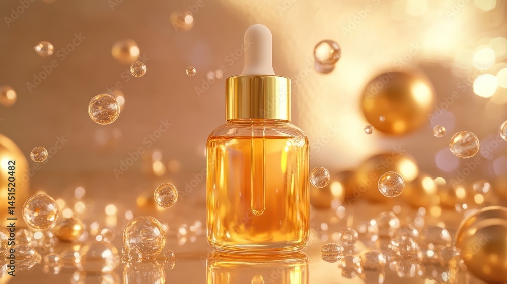 Luxury serum bottle with golden essence and floating spheres for skin care Luxury serum bottle with golden essence and floating spheres for skin care