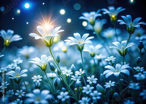 Night Bloom: Tiny White Flowers Garden Photography, Magical Moonlight, Illuminated Petals, Dark Garden, Nighttime Floral Scene