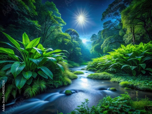 Night Forest Stream, Lush Green Thickets, Dark Water, Nature Photography, Night Scene,  Dark Green Foliage,  Mystical Forest,  Stream Bed Plants