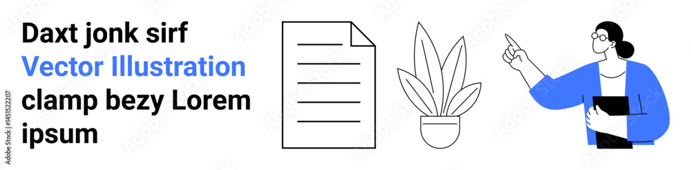 An organized workspace with document and plant icons, alongside a businesswoman gesturing confidently. Ideal for productivity, communication, education, organization, teamwork, learning, and flat An organized workspace with document and plant icons, alongside a businesswoman gesturing confidently. Ideal for productivity, communication, education, organization, teamwork, learning, and flat