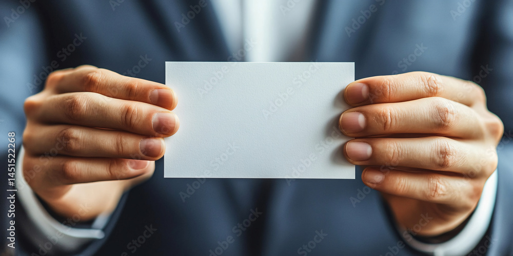 Close-up of a businessman in a suit holding a blank white card. Close-up of a businessman in a suit holding a blank white card.