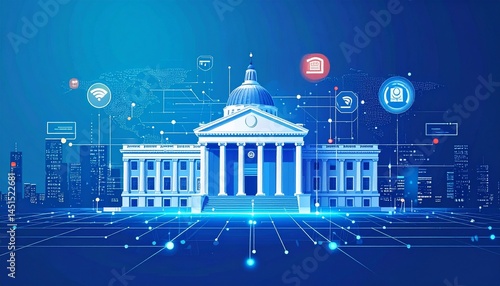 Futuristic flat-style banner illustrating efficient digital government services and technology-driven solutions