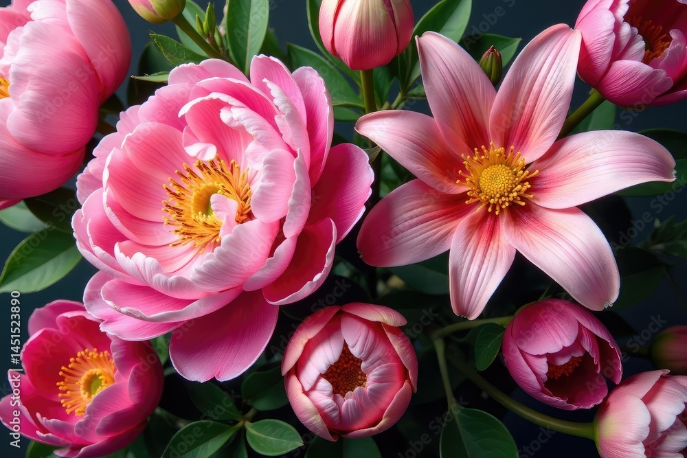 Fototapeta premium Bold, oversized peonies and lilies in a vibrant, densely packed arrangement Perfect for a statement wall , seamless, illustration