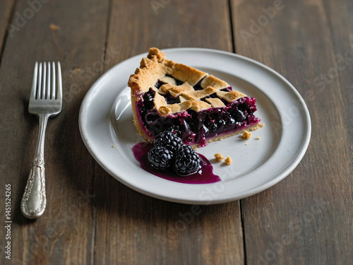 A golden slice of mulberry pie on a matte white plate, with dark berry filling oozing slightly from the crust.