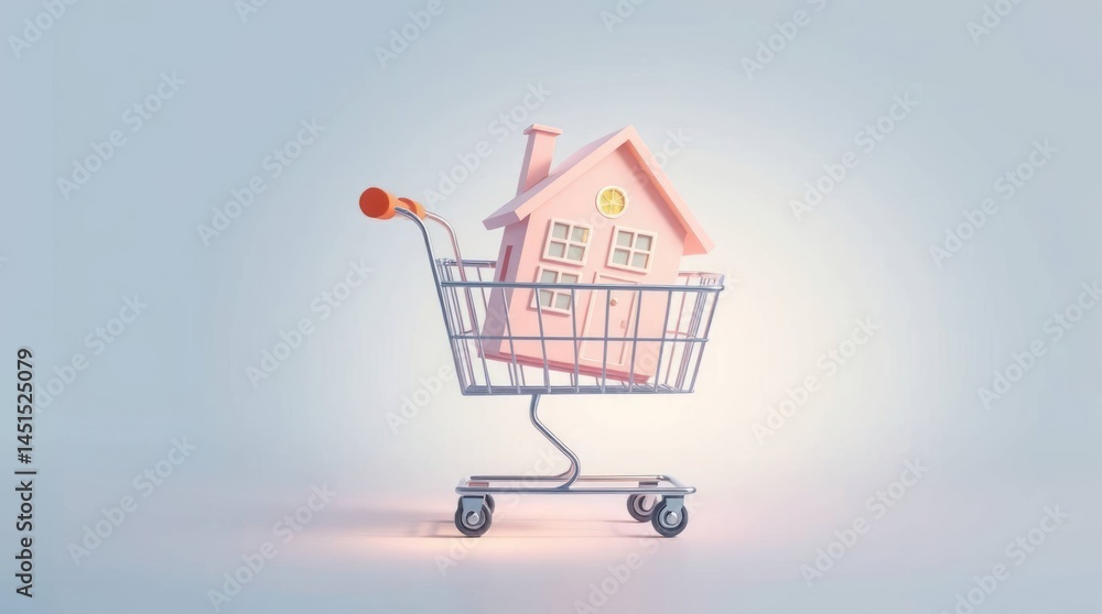 A tiny pink house in shopping cart A tiny pink house in shopping cart