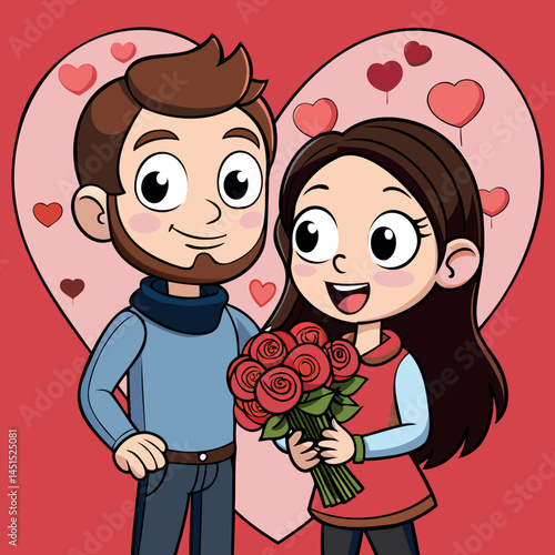 Valentine's Day Couple in Love, Boy and Girl with a Bouquet of Flowers