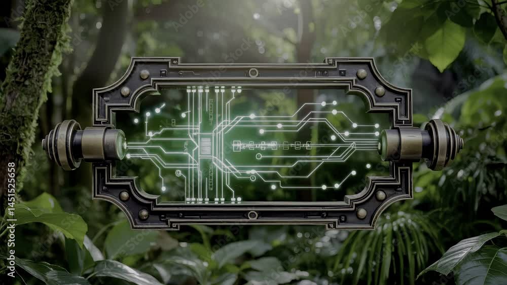 A futuristic digital circuit board floats in a lush green jungle, blending technology with nature under bright sunlight. A futuristic digital circuit board floats in a lush green jungle, blending technology with nature under bright sunlight.
