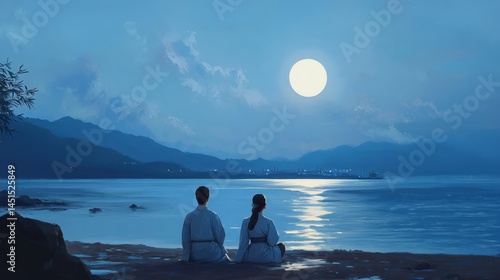 Obraz na płótnie Asian couple by the sea w salonie