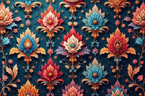 Intricate floral damask wallpaper with repeating motifs , background, wallpaper