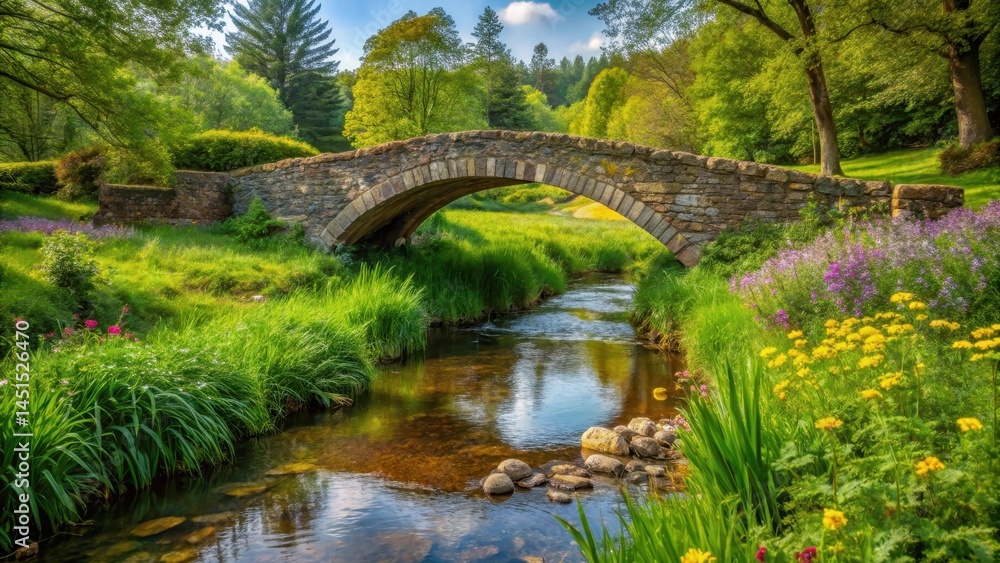 Rustic stone bridge spanning a serene brook in a lush green countryside setting, surrounded by trees and wildflowers, stone bridges, water features Rustic stone bridge spanning a serene brook in a lush green countryside setting, surrounded by trees and wildflowers, stone bridges, water features