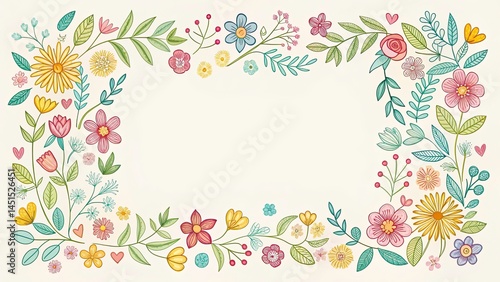 Panoramic Floral Doodle Frame Template: Simple Flower Border Design for Printable Cards & Invitations