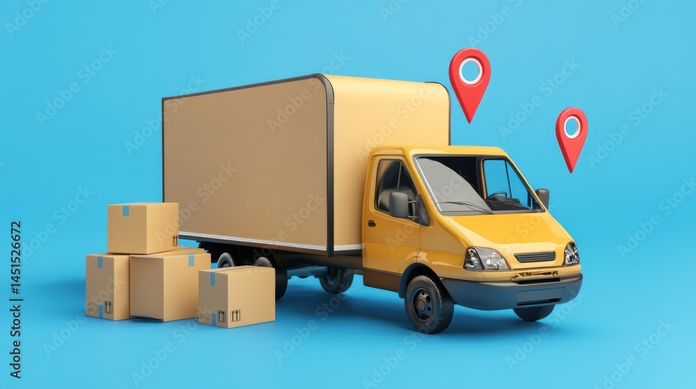Conceptual delivery truck and cardboard boxes with location pin over vibrant background Conceptual delivery truck and cardboard boxes with location pin over vibrant background