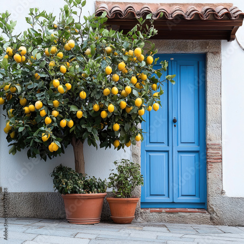 Charming blue painted door with stone frame, vibrant lemon tree in terracotta pot, lush green leaves, Mediterranean style, peaceful and inviting atmosphere