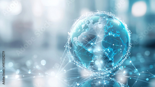 Abstract digital globe with global network connections on a white background, a technology and internet concept An abstract light blue hologram of the world in a glass sphere on a blur