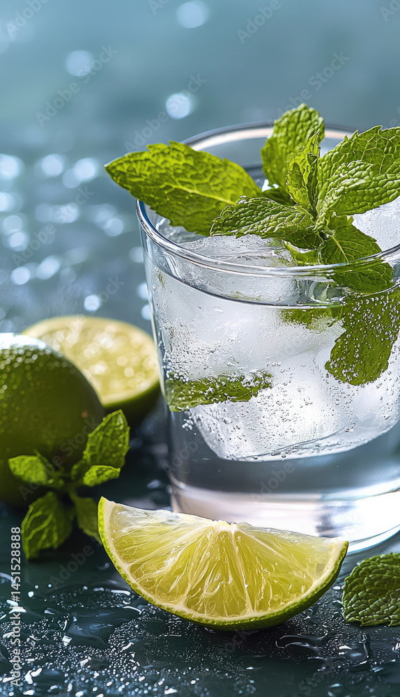 Refreshing mojito cocktail with ice, lime wedge, and fresh mint leaves in clear glass, condensation on glass, vibrant and cool summer drink
