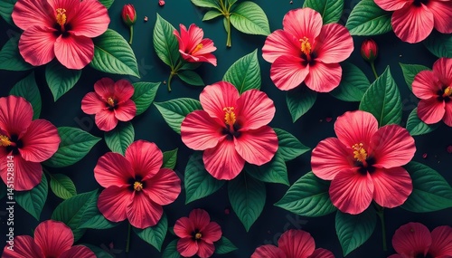 Vibrant hibiscus blossoms, lush leaves, repeating pattern , green, wallpaper