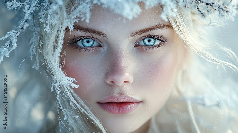 Close up portrait of a woman with blue eyes and a frosty crown in a winter themed setting Close up portrait of a woman with blue eyes and a frosty crown in a winter themed setting