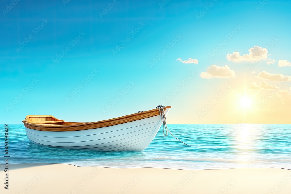 Naklejka premium Serene sunset scene with small boat gently resting on sandy shore