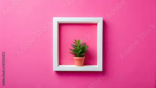 Pink Minimalist Flat Lay Photography, Green Plant, White Frame, Bokeh Background, Aesthetic Stock Photo