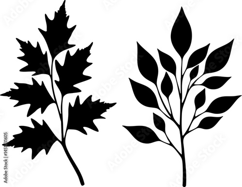 set of black silhouettes of leaves