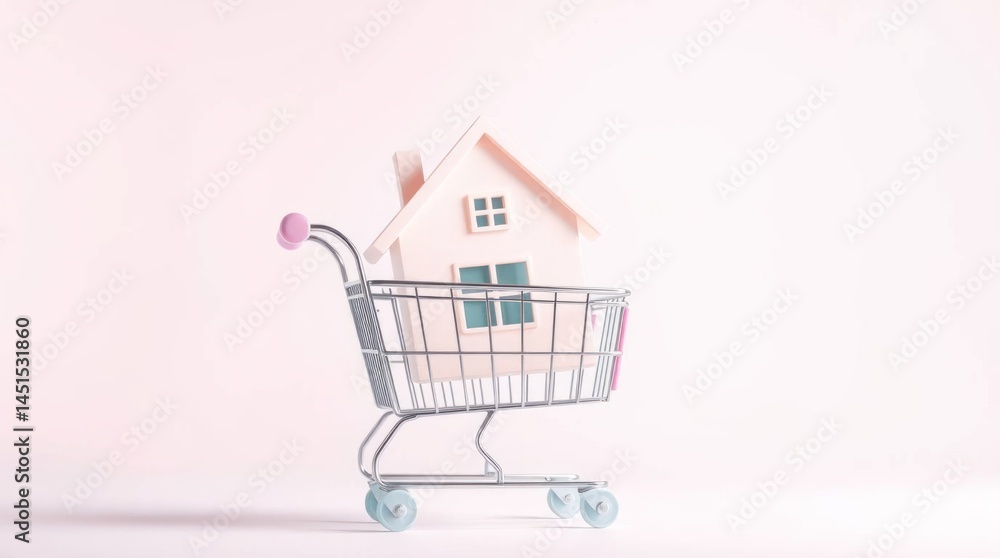 Miniature house nestled in shopping cart Miniature house nestled in shopping cart
