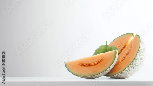 Fototapeta Naklejka Na Ścianę i Meble -  Sliced cantaloupe melon with green leaf on white background fresh juicy orange fruit healthy summer snack minimal style side view copy space natural light refreshing mood