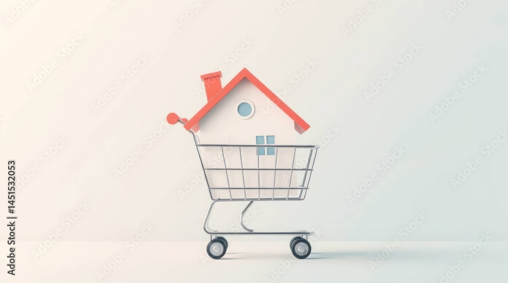 Miniature house rests inside shopping cart Miniature house rests inside shopping cart