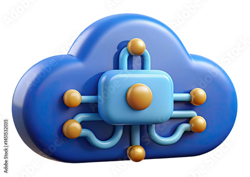 3D cloud illustration with a central processor and connecting lines, representing cloud computing and technology.