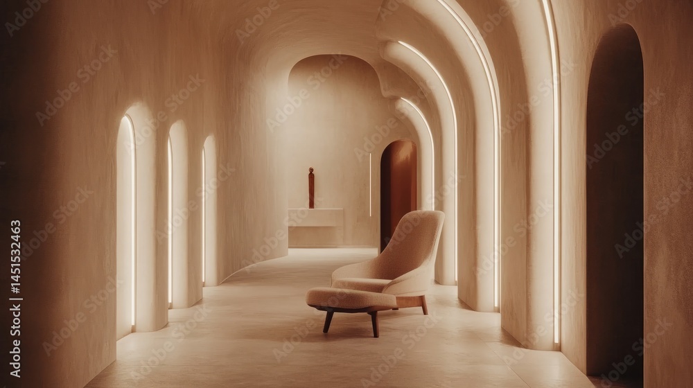 Earth-toned hallway with curved walls and a neutral accent chair placed under soft ambient lighting Earth-toned hallway with curved walls and a neutral accent chair placed under soft ambient lighting