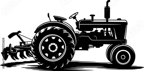 classic tractor with large rear wheels and a plow attachment centered on a completely white background
