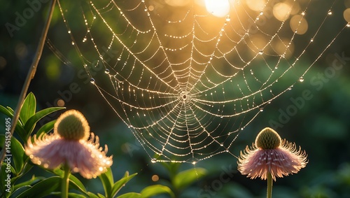 Spiderweb with Dew Drops in Morning Light Among Garden Flowers