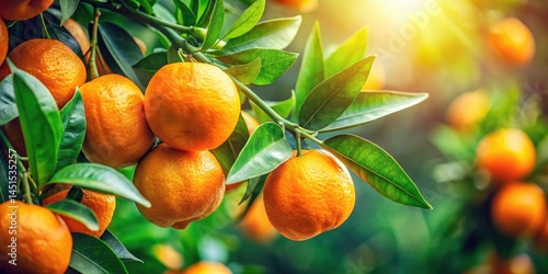 Ripe Tangerine Branch, Juicy Citrus Fruit, Green Leaves,  Fresh Harvest,  Orange Tangerine,  Vibrant Citrus,  Closeup Photography