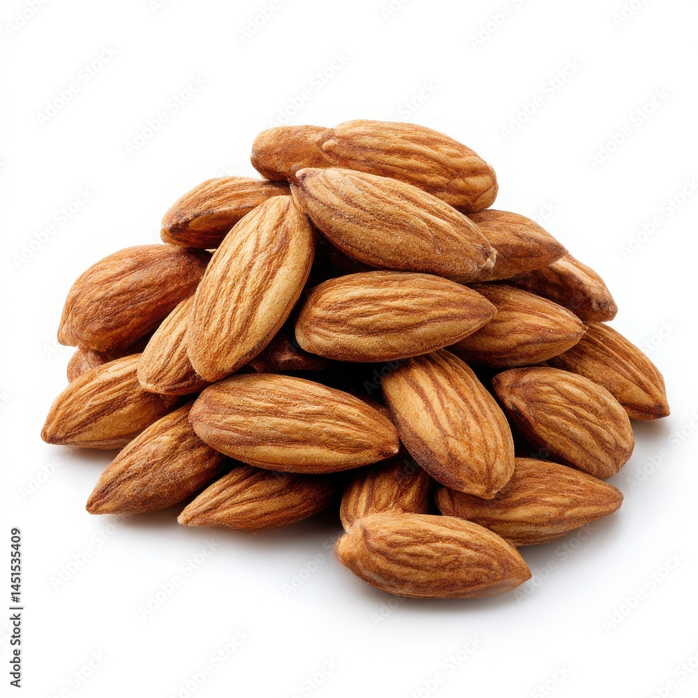 Pile of almonds, close up, isolated on white background Pile of almonds, close up, isolated on white background