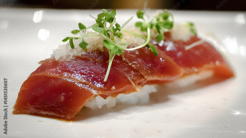 Fresh Zuke Maguro Nigiri with Lean Tuna and Marinated Soy Sauce on a Elegant Plate Fresh Zuke Maguro Nigiri with Lean Tuna and Marinated Soy Sauce on a Elegant Plate