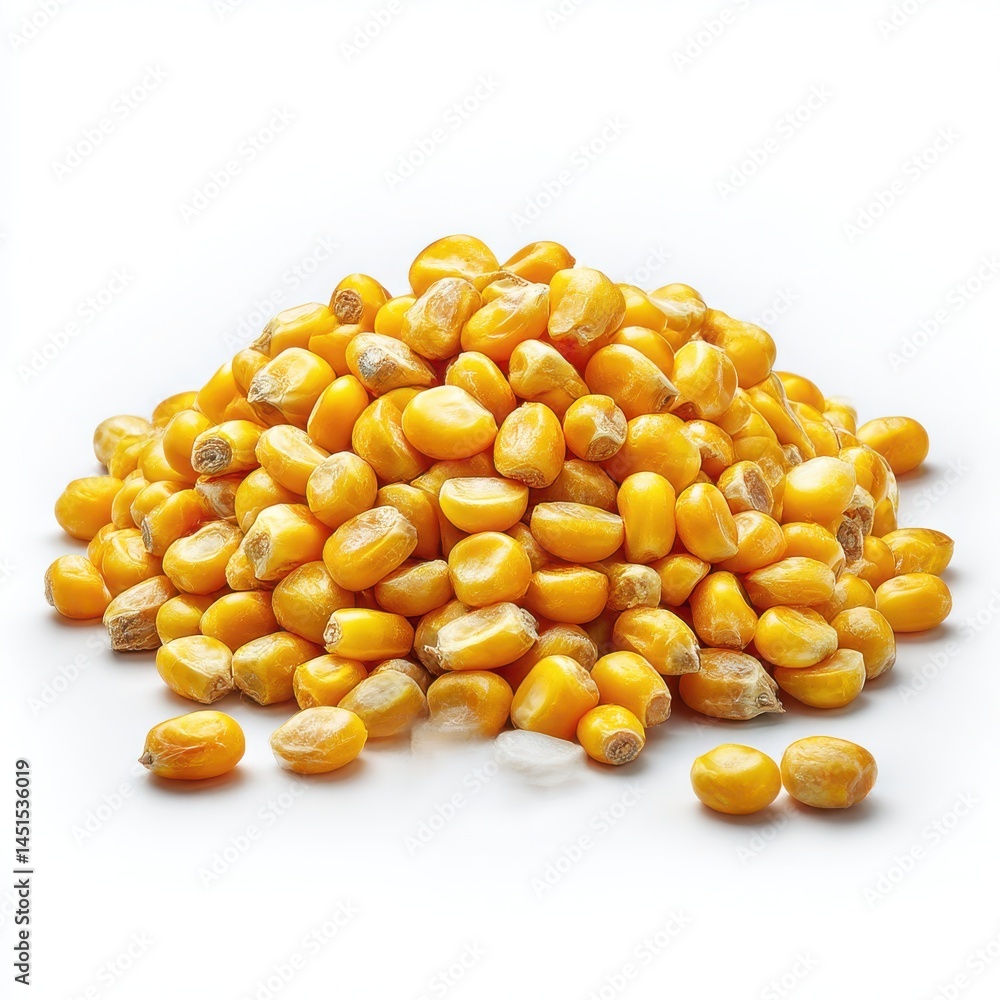 Fototapeta premium Pile of yellow corn kernels isolated on white background
