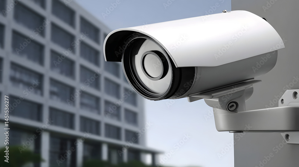 A white outdoor security camera is mounted on the wall, providing surveillance and monitoring for safety.
A white outdoor security camera is mounted on the wall, providing surveillance and monitoring for safety.