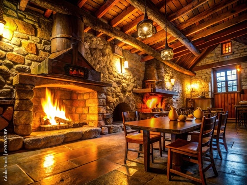 Wallpaper Mural Rustic Tavern Fireplace, Stone Fireplace Interior, Warm Lighting, Wooden Beams, Cozy Tavern, Deep Depth of Field Photography Torontodigital.ca