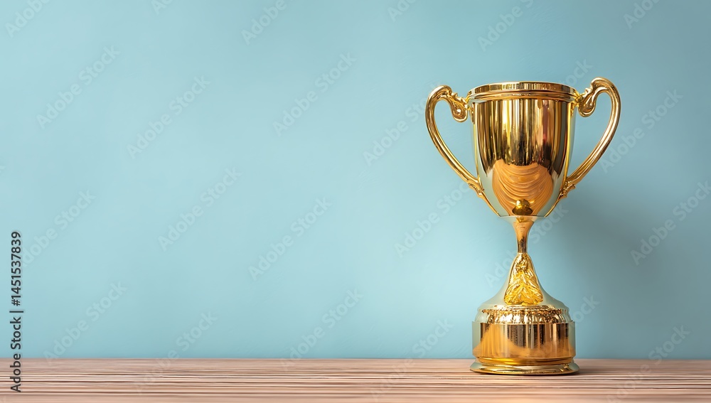 Gold Trophy on Wooden Table Against Light Blue Background Gold Trophy on Wooden Table Against Light Blue Background