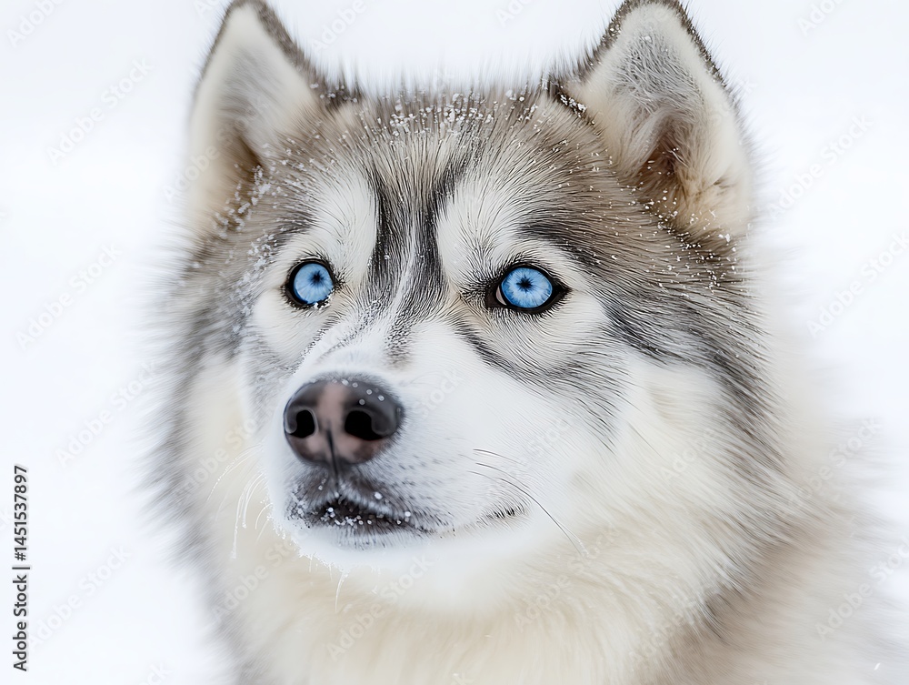 Siberian Husky Portrait: An enchanting close-up of a majestic Siberian Husky with piercing blue eyes. The husky's coat is covered in a light dusting of snow, adding to the mystical ambiance. Siberian Husky Portrait: An enchanting close-up of a majestic Siberian Husky with piercing blue eyes. The husky's coat is covered in a light dusting of snow, adding to the mystical ambiance.