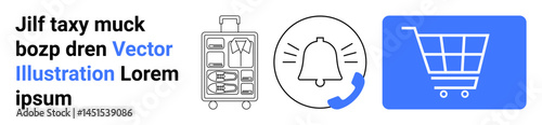 Travel suitcase with open compartments, ringing notification bell, and shopping cart icon. Ideal for online shopping, logistics, travel planning, alerts, e-commerce, notifications simple landing