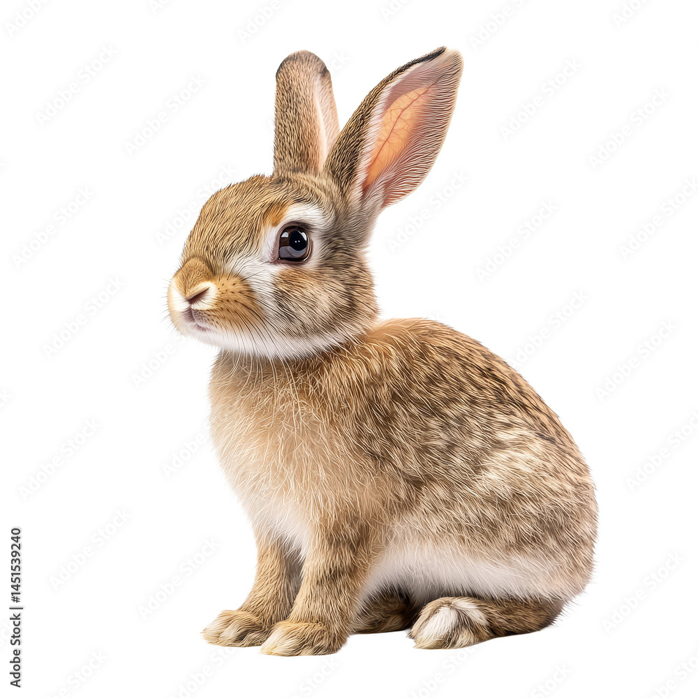 Obraz premium Fluffy rabbit sitting gracefully against a clean transparent background in a tranquil indoor setting, rabbit isolated on transparent background