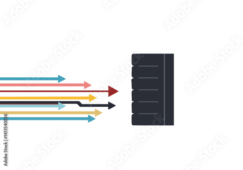 Arrows converge on a server rack, symbolizing growth and direction. A modern, minimalist design with a bold color palette. Ideal for business and technology concepts.